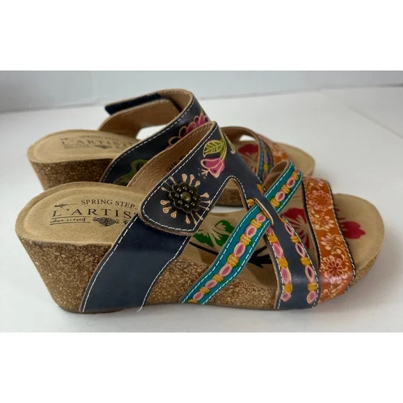 Spring Step L'Artiste Swan Sandals Handpainted Leather Wedge Heel Boho 36 5.5/6 - Picture 5 of 12